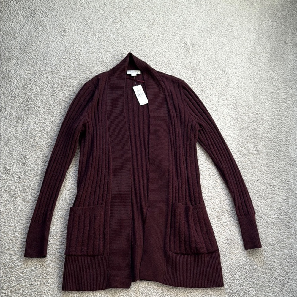 LOFT Burgandy Cardigan Sweater with Open Front Design